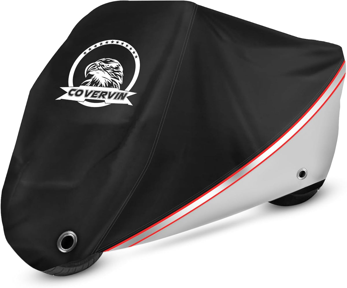 COVERVIN Motorcycle Cover, All Weather Outdoor Waterproof Night Protection with Reflective Strips, Locking Holes and Storage Bag for 91 Inch Suzuki, Kawasaki, Honda, Harley-Davidson(Silver L)