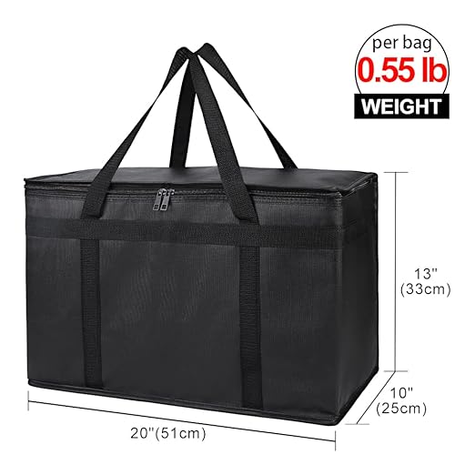 Bodaon 1-Pack Insulated Food Delivery Bag, XX-Large Reusable Grocery Shopping Bag, Frozen Food Cold, Cooler Bags with Zippered Top, Black