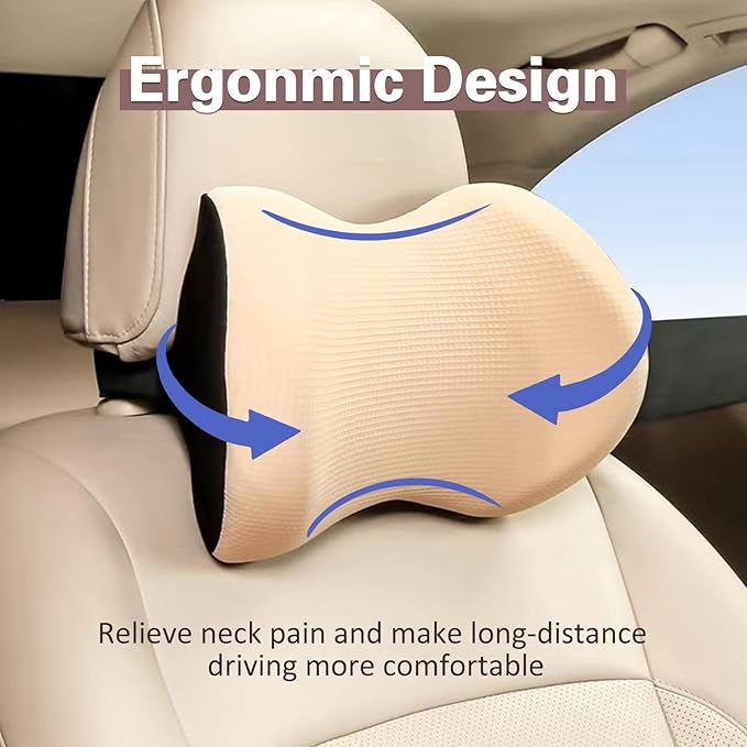 Super Comfy Car Headrest Pillow, Car Pillow for Neck Pain Relief with Adjustable Strap, 100% Memory Foam & Breathable Removable Cover, Ergonomic Design - Softness Travel Car Neck Pillow(Beige, 1PC)