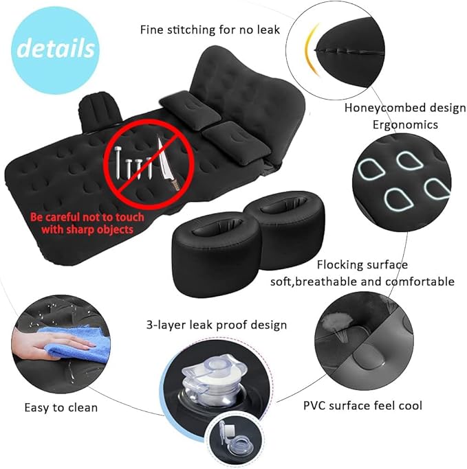 SAYGOGO Inflatable Car Air Mattress Travel Bed - Thickened Car Camping Bed Sleeping Pad with Air Pump 2 Pillows for Car Tent SUV Sedan Pickup Back Seat - Black