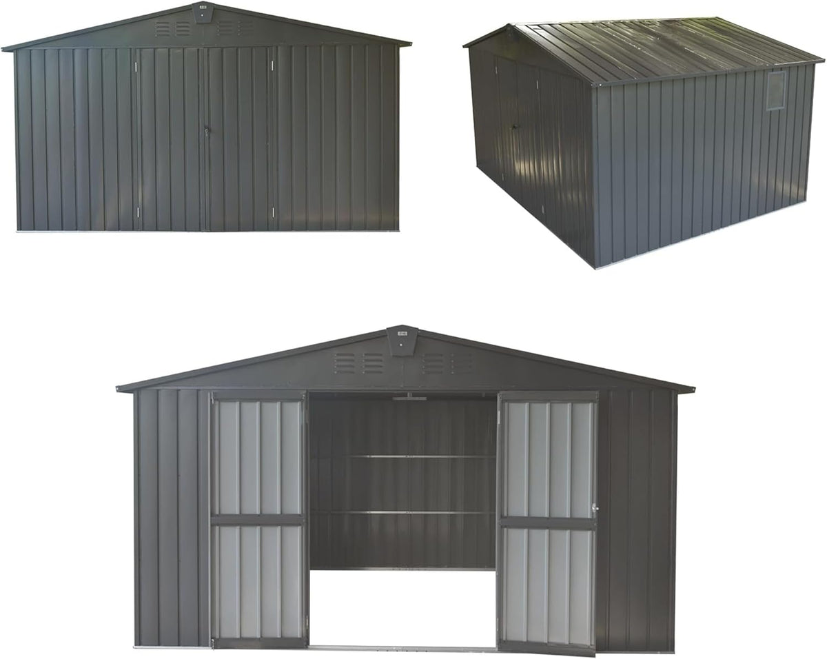 IKERY Extra - Large Galvanized Steel Storage Shed - 11' x 12.5' with Windows and Lock, Garden and Utility Tool Shed for Backyard and Patio, Dark Gray