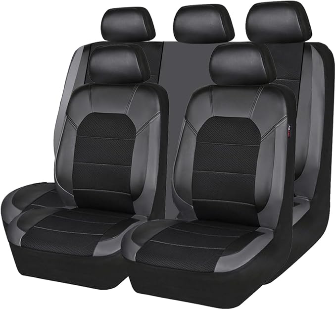 CAR PASS Leather Seat Covers, Automotive Sport Car Seat Cover Super 5mm Composite Sponge Inside, Airbag Compatible Universal Fits Most Cars, SUVs, Trucks and Vans (Full Set,Black & Gray)