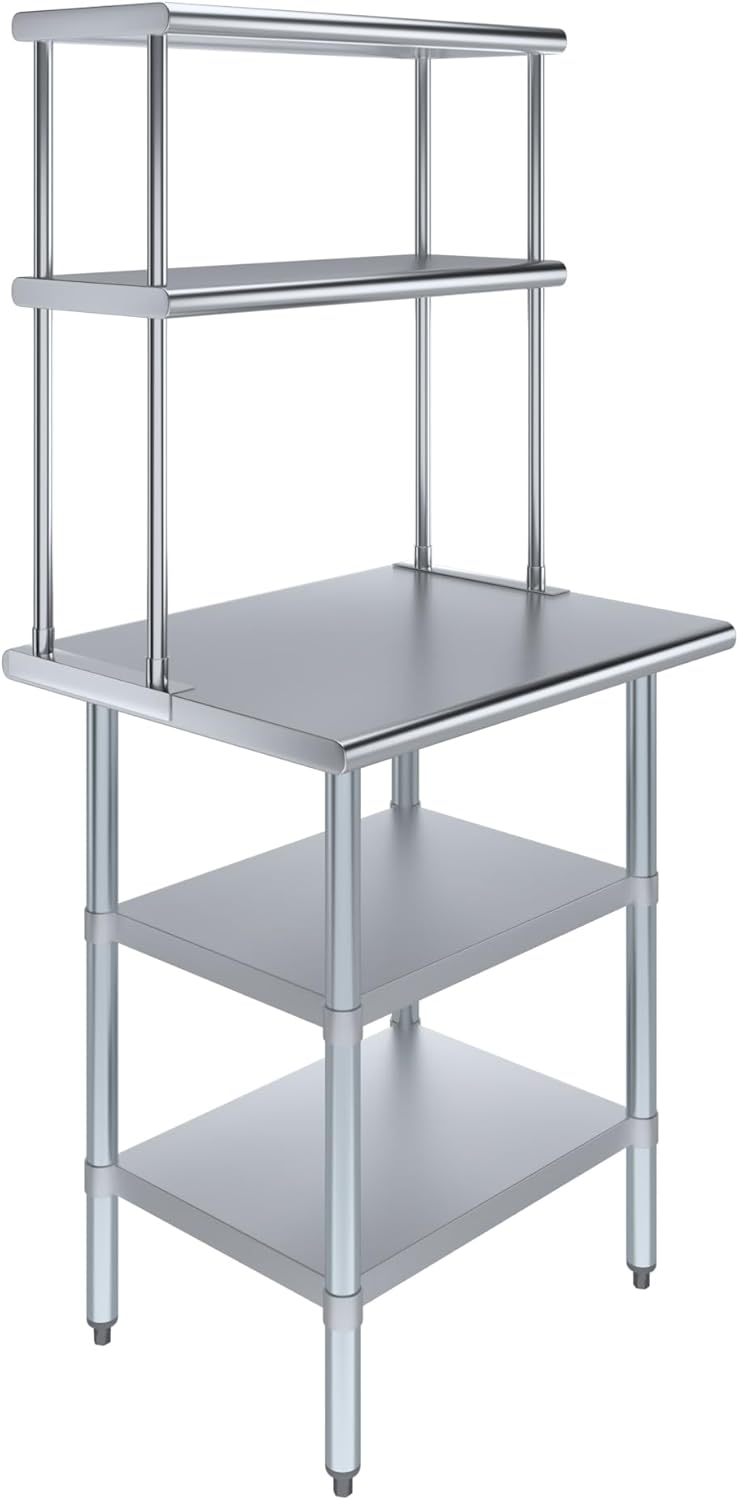 Amgood Stainless Steel Work Table with 2 Shelves | Metal Kitchen Prep Table & Shelving Combo (24" x 30" Table with 2 Shelves + 12" Overshelf)