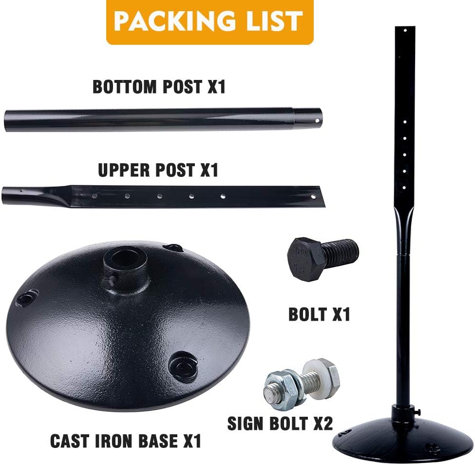 Heavy Duty Cast Iron Sign Post and Base Kit - 14" DIA Stand with 48" Post and Bolts & Nuts for Hanging Signs, Portable Sign Holder for Parking and Recreational Use