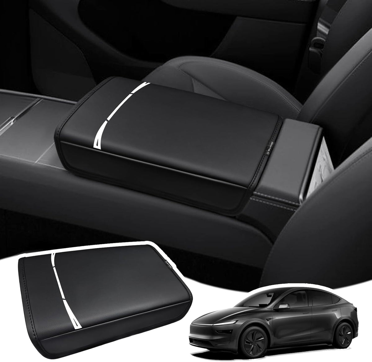 Muslogy Center Console Armrest Cover Compatible with Tesla Model Y Refresh 2026 Comfort Armrest Pad Arm Rest Cushion Vegan Leather Protector Regular Thick (25+ |Juniper| Black, Regular)