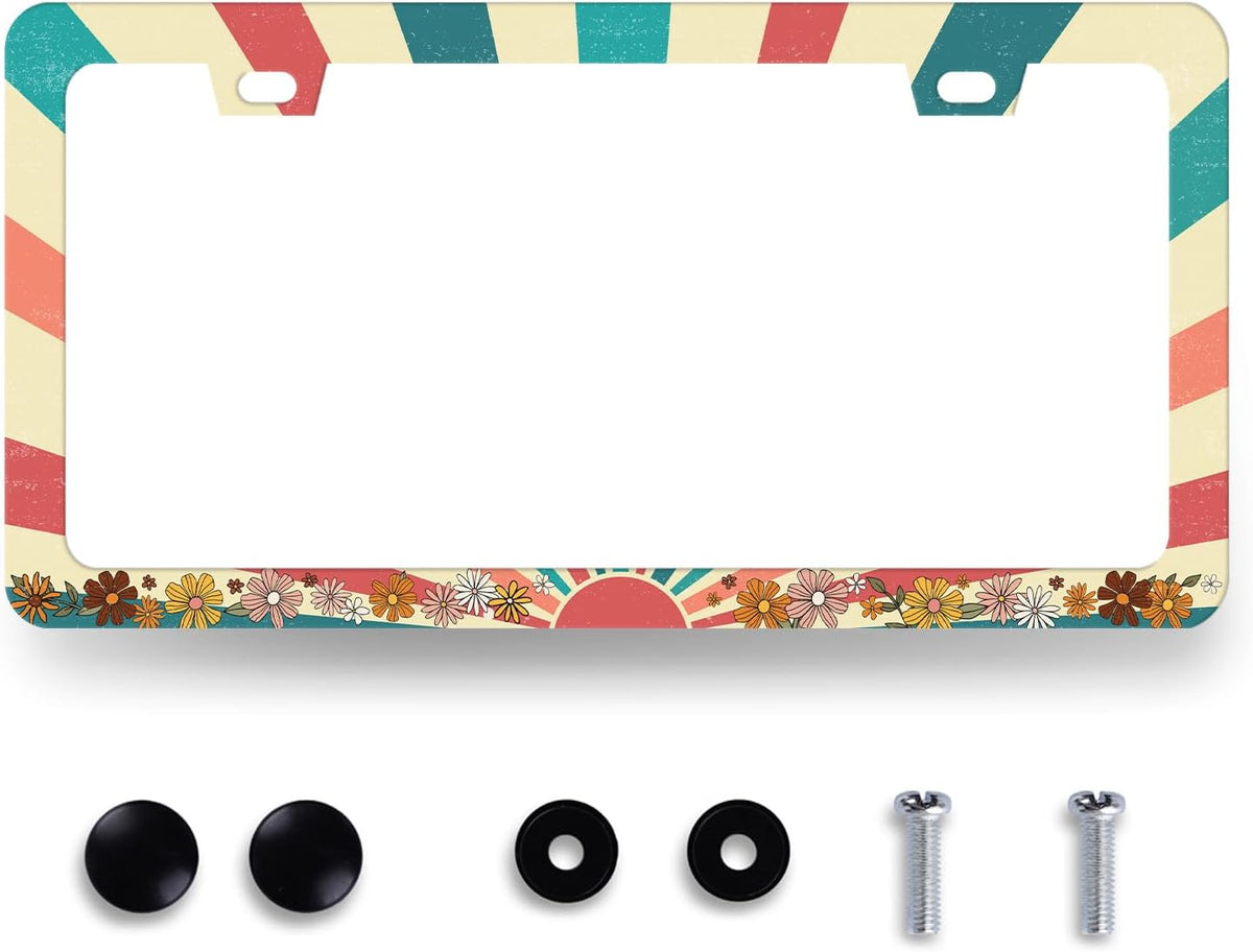 Retro Sun Boho Floral License Plate Frame Colorful Hippie Flowers License Plate Holder Funny License Plate Car Decoration Stainless Steel Car Accessory with Screws Men Women 12.3" x 6.3"