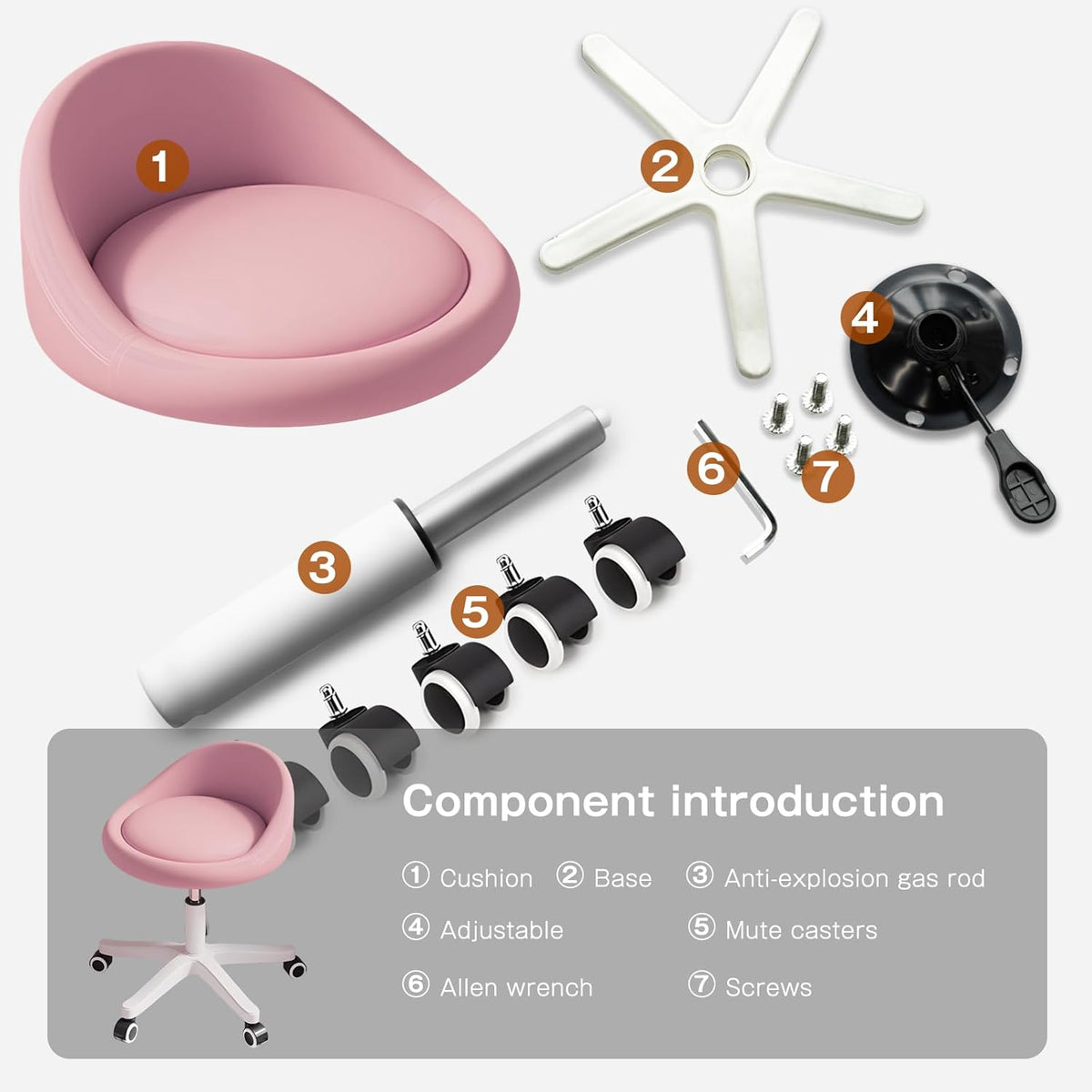 Rolling Stool Set of 3 Rolling Hydraulic Salon Stool with Low Backrest - Adjustable Swivel Chair for SPA, Shop, Salon, Massage, or Medical Office Pink