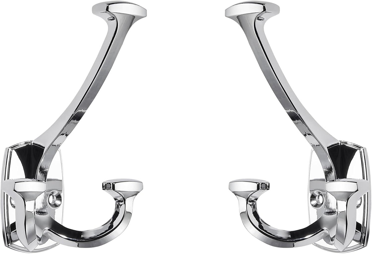 Large Wall Double-Sided Hook 2 Pack Polished Chrome Hook Decorative Heavy Duty Solid Large Coat Hooks for Towel Hanging Coats Robe Towel Bags Door Back 2 Prong Hooks
