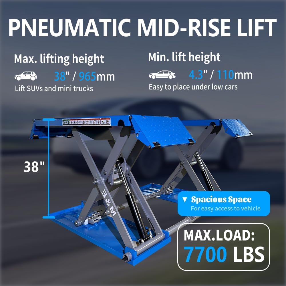 M&E 7700lbs Mid Rise Scissor Lift Pneumatic Release Auto Lift Car Lift 220V Mid-Rise Auto Lift Home Garage Lift