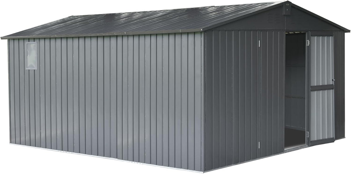 IKERY Extra Large Galvanized Steel Storage Shed 11' x 12.5' with Windows & Lock - Garden & Utility Tool Shed for Backyard, Patio - Dark Gray