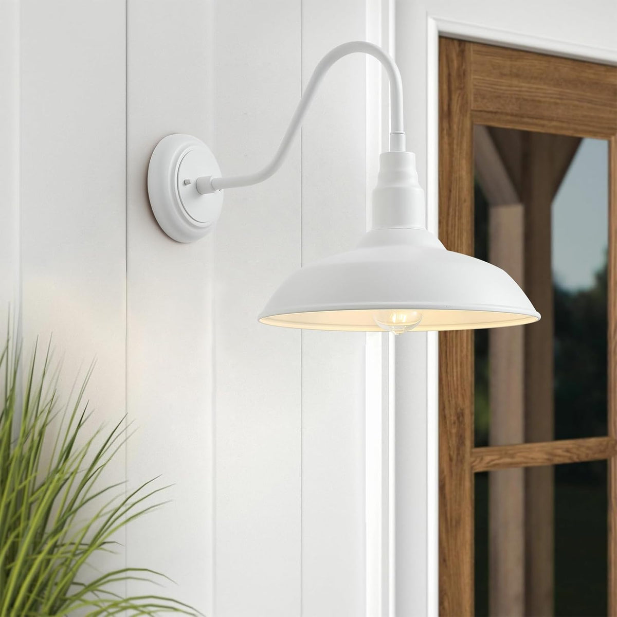 14 Inch Dome Outdoor Gooseneck Barn Light Fixture for Farmhouse, White Exterior Goose Neck Wall Mount Lights for Porch, Barn Style Wall Sconce Lighting for Patio, Garage
