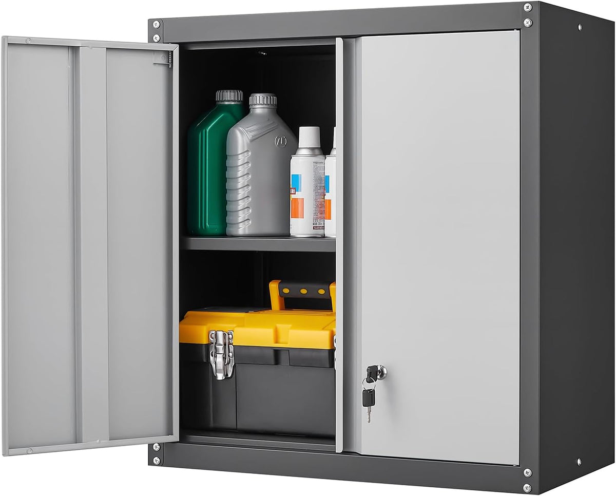 GREATMEET Lockable Storage Cabinet, Metal Garage Storage Cabinets, Metal Wall Cabinet for Garage, Wall Mount Cabinet with Lock and Adjustable Shelf, Floating, Black&Grey