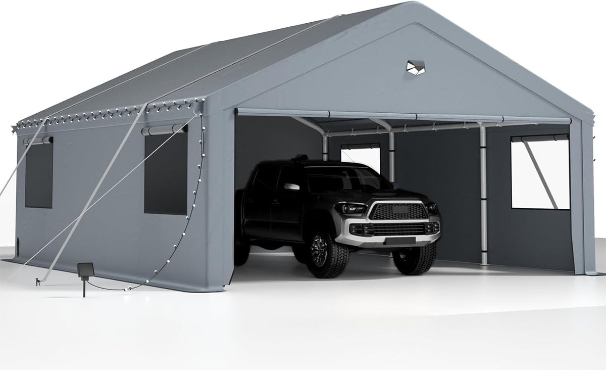 2 Car Carports 20X20 Heavy Duty，Car Ports with 180G Removable Side Walls, Carport Canopy, Portable Car Port Garage, Car Shelter All Weather,Grey