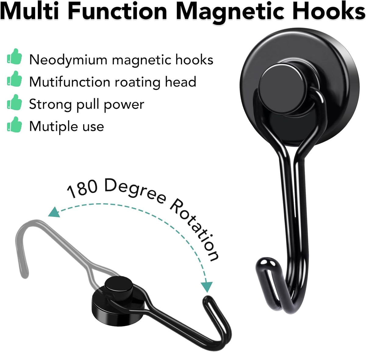 MIKEDE Magnetic Hooks 4 Pack, 40Lbs Heavy Duty Neodymium Magnet Hooks Black Magnetic Swivel Hooks for Hanging, Rust Proof Strong Magnets with Hook Magnetic Metal Hanger for Storage