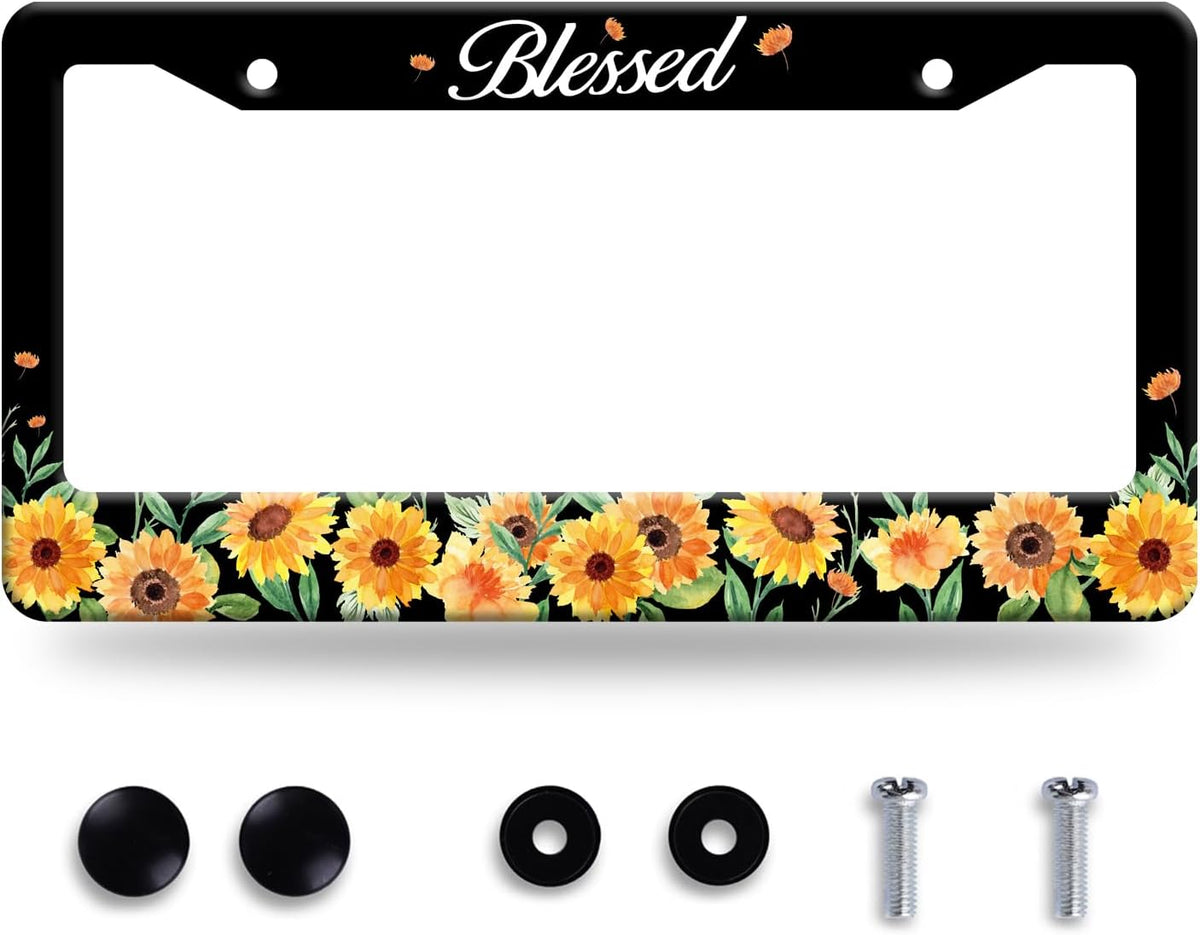 Watercolor Sunflower License Plate Beautiful Floral License Plate Stainless Steel Auto Parts Funny License Plate Decorative with Screws Size 12.3" x 6.3" for Women Men
