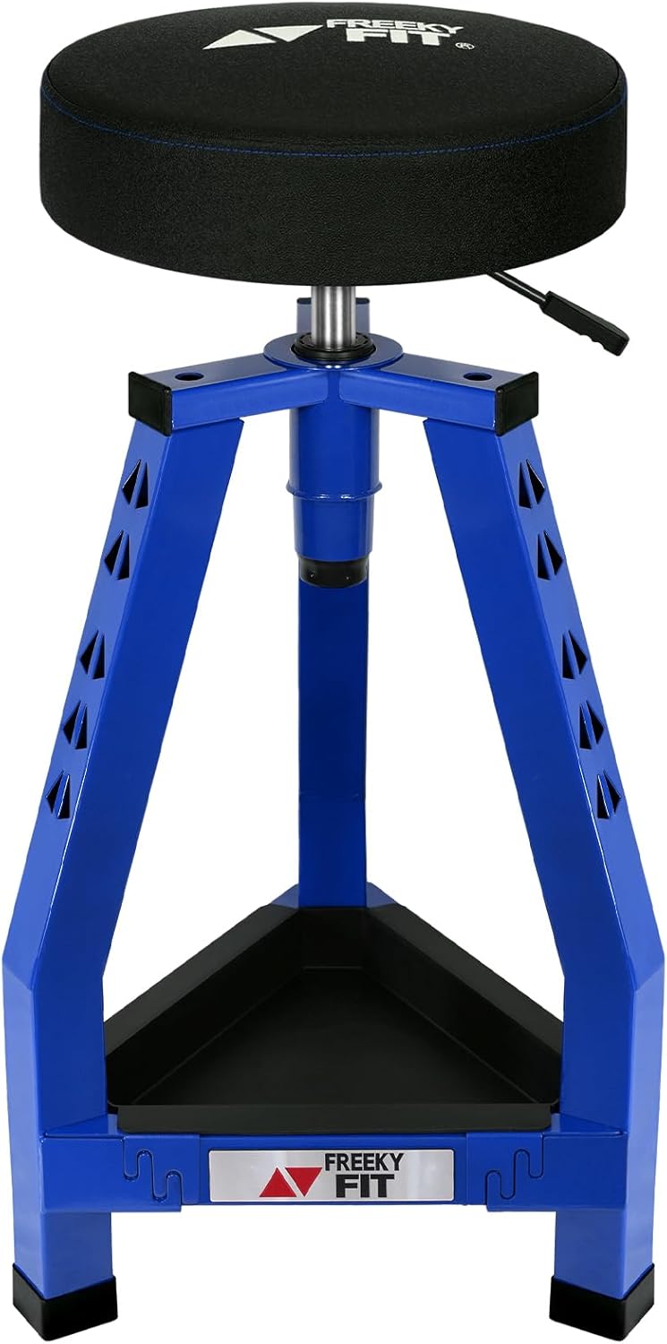 Adjustable Tall Shop Stool, Mechanics Garage Stool Chair, Work Metal Chair for Workshop, Adjustable Height, 360° Swivel Padded Seat, Tool Tray Storage, 350 LBS Capacity, Heavy Duty, Blue