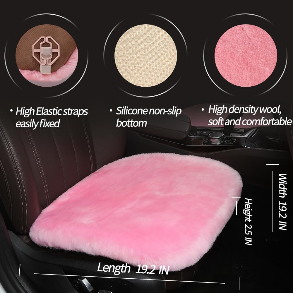 LLB Genuine Sheepskin Car Seat Cushion Seat Covers for Cars Trucks SUV Comfort Seat Protector Pad for Car Driver Seat Car Accessories for Women 19.2 X 19.2 in (Pink, Front Seat Cushion-1 Pc)