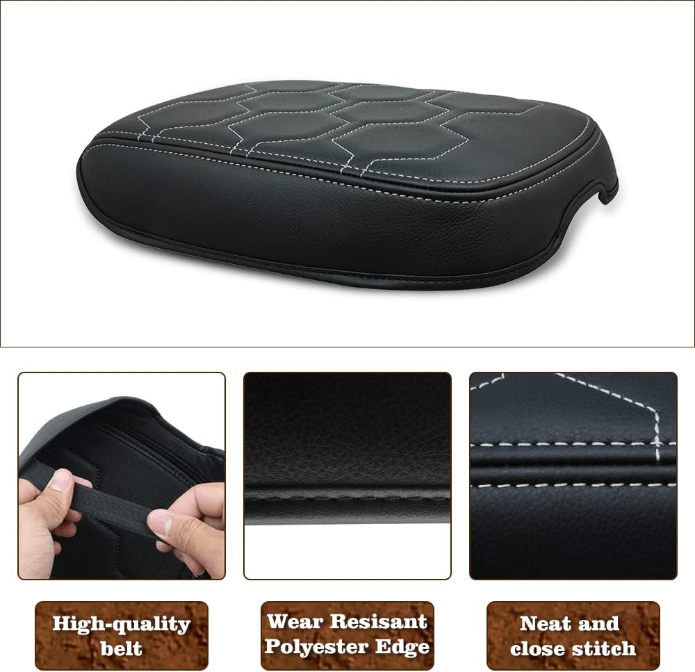 Muslogy for Frontier Center Console Pad Armrest Box Cover Vegan Leather Soft Accessories Armrest Lid Protector Compatible with Nissan Frontier 2022-2024 2025 (Regular Thick, V1 White Stitching)