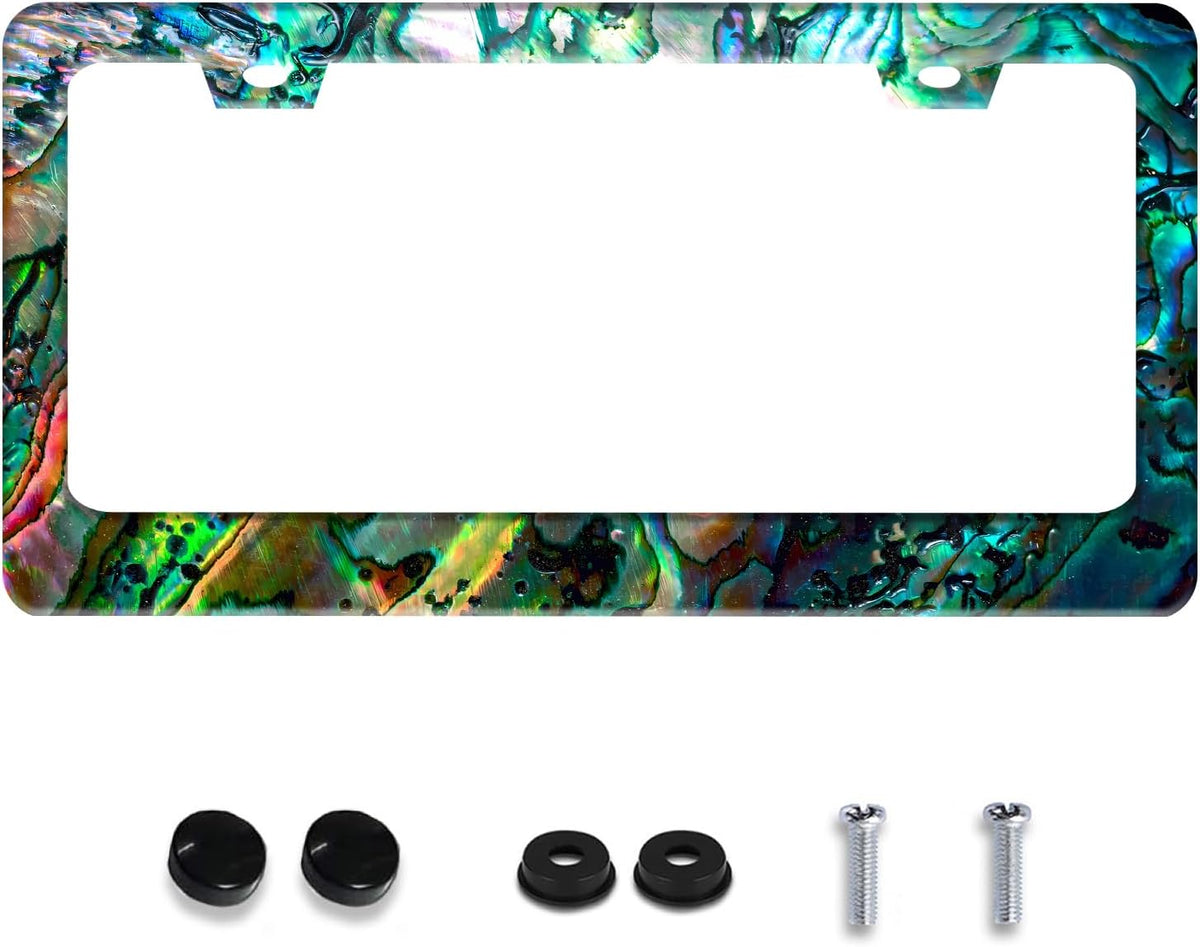 Personalized License Plate Frame Faux Abalone Stainless Steel Accessory Faux Shell License Plate Holder Funny Car Decorative 2 Holes Screws Fits Us Standard License Plates 12.2 X 6.3 in for Men Women
