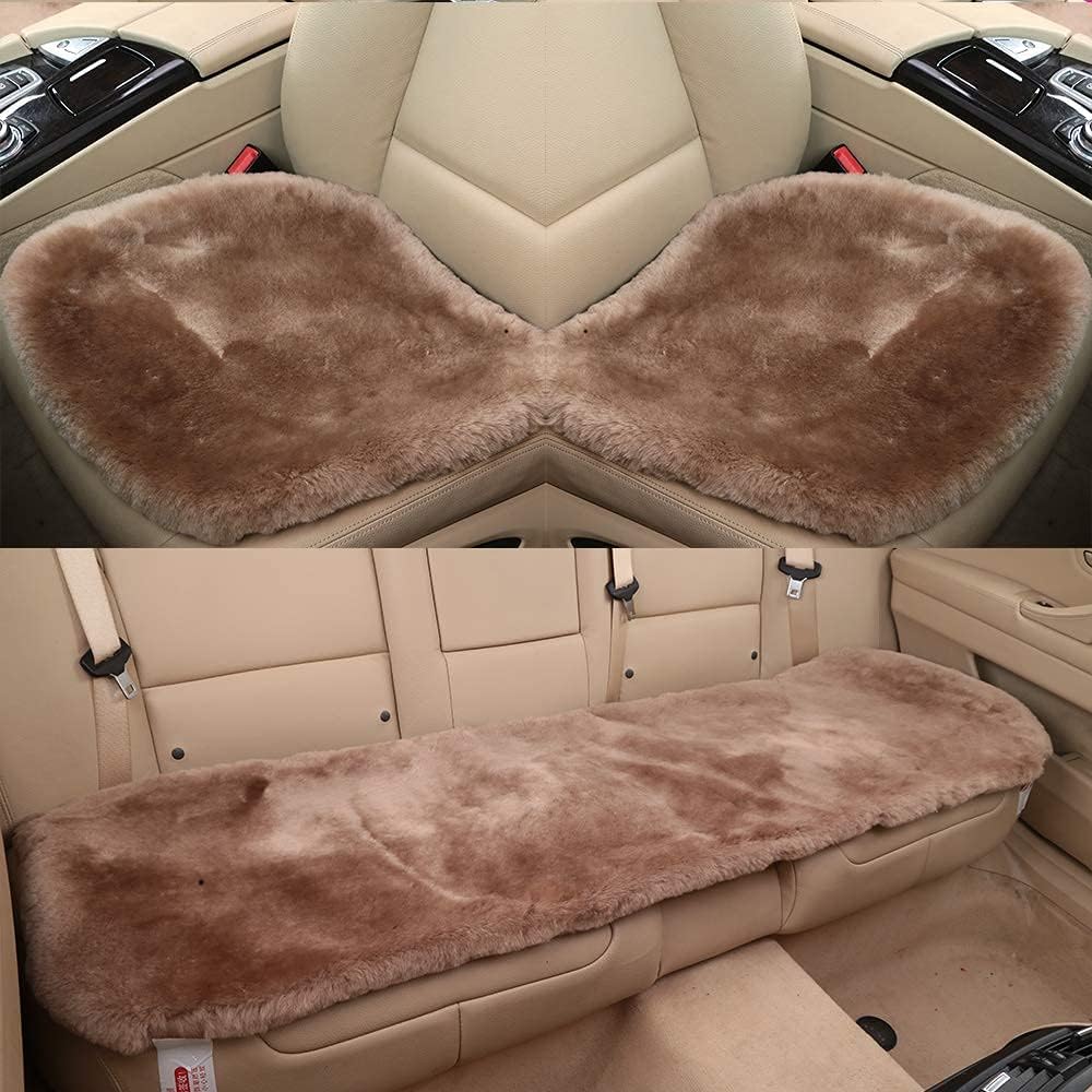 20 inchs Shearling Sheepskin Car Seat Cover, Fluffy Fuzzy Wool Car Seat Covers for Auto Interior Accessories with Soft Eco-Friendly Natural Fur Non-Slip (Camel, Front)
