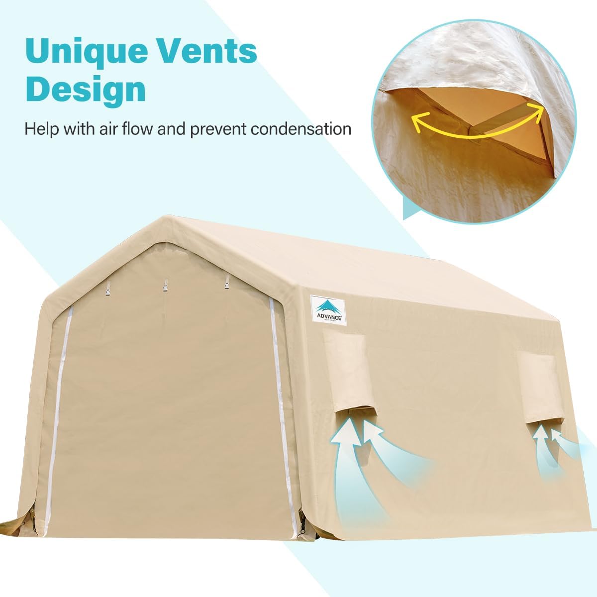 ADVANCE OUTDOOR 10X15 ft Garage Shelter Steel Metal Peak Roof Portable Storage Shed Carports for Motorcycle Boat, or Garden Tools with 2 Roll up Doors & Vents, Beige