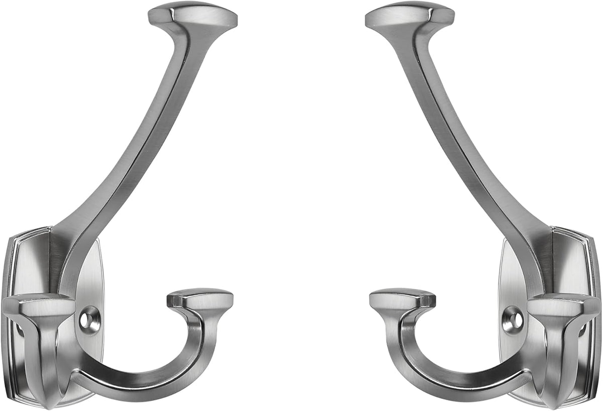 Large Wall Double-Sided Hook 2 Pack Brushed Satin Nickel Hook Decorative Heavy Duty Solid Large Coat Hooks for Towel Hanging Coats Robe Towel Bags Door Back 2 Prong Hooks