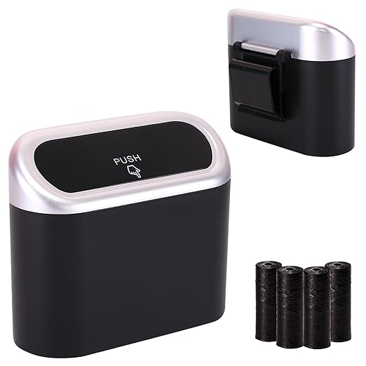 Ginsco Mini Car Trash Can with Lid, Small Car Garbage Can, Cute Leakproof ABS Car Trash Bin, Car Accessories for Interior, Garbage Bin for Car, Home, Office with 60pcs Trash Bags Black/Silver