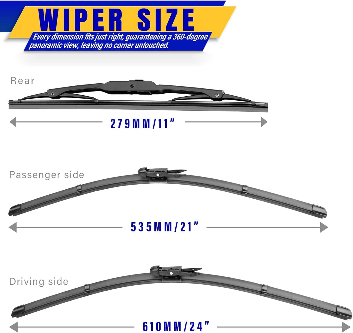 3 wipers Replacement for 2013-2016 GMC Acadia, Windshield Wiper Blades Original Equipment Replacement - 24"/21"/11" (Set of 3) Pinch Tap