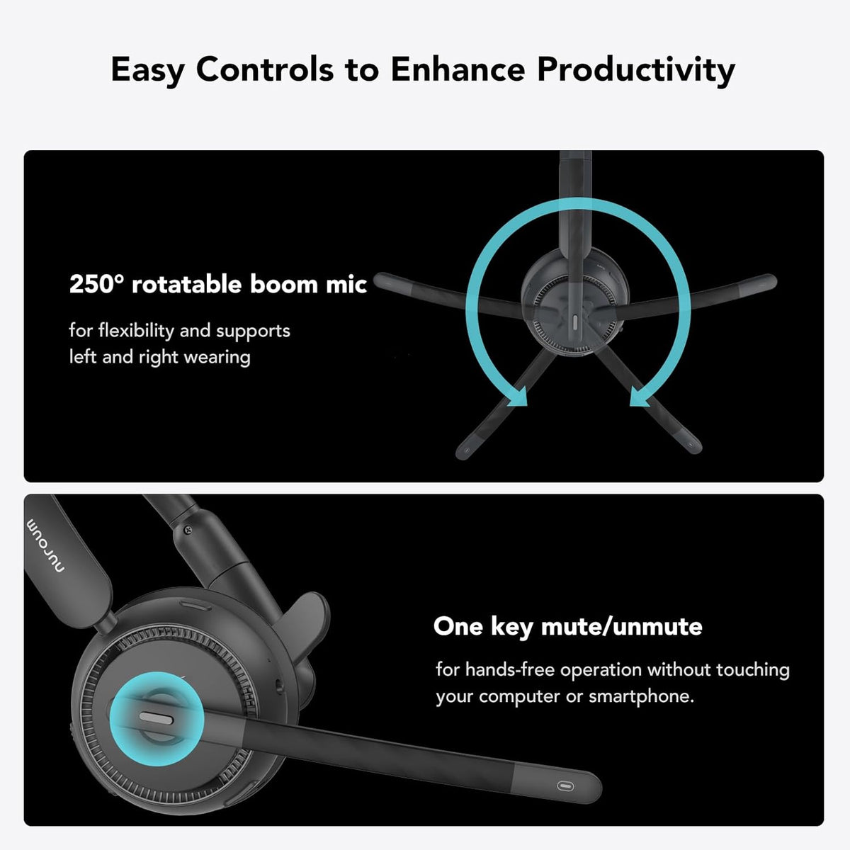 NUROUM Wireless Headset with Mic for Work, Trucker Bluetooth Headset with Noise Cancelling Microphones, Single Ear, Multi-Point/Mute, 45H Playback for Call Center/Work from Home/Office HP31SN