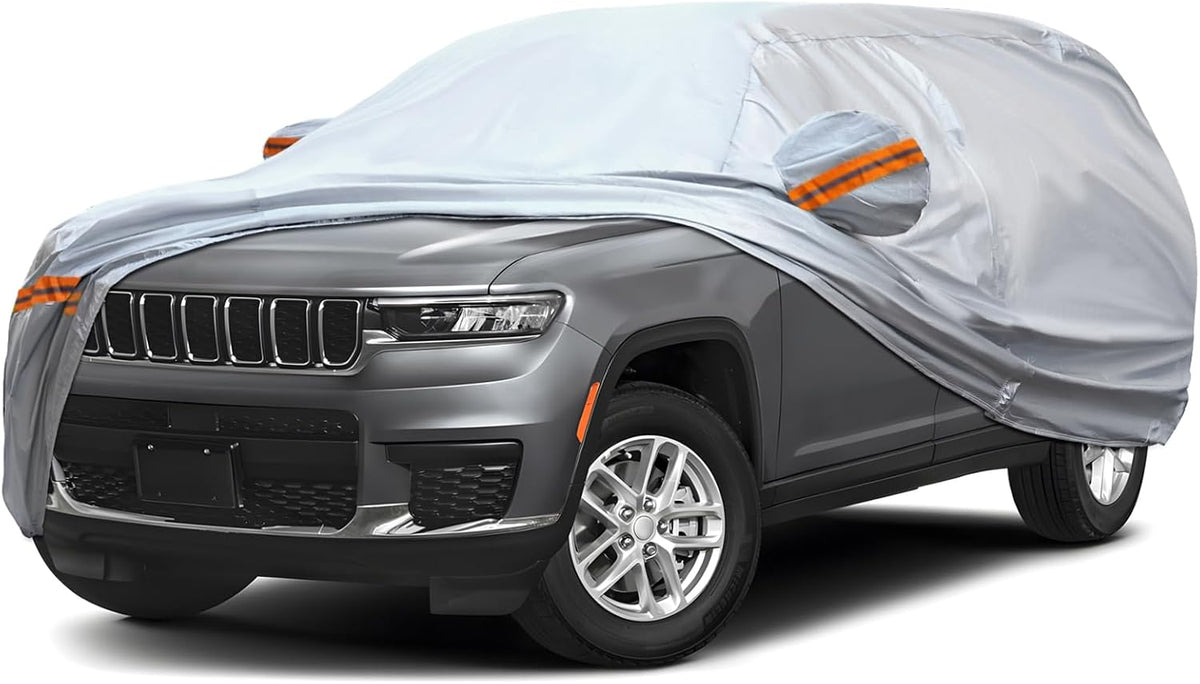 KEYOOG 6-Layer Full Car Cover is All-Weather Waterproof, Universal in All Seasons, Snow Prevention, Rainproof, Acid Rainproof, Sunscreen, Ultraviolet-Proof, Fit SUV 205"-216" Orange Reflective Strip