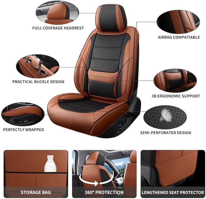 Car Seat Covers Full Set Custom Fit for Mercury Sable 1995-2009-Luxury Leather with Lumbar Support, Breathable, Waterproof, Anti-Slip, Durable, Easy to Install (BlackBrown,Full Set)