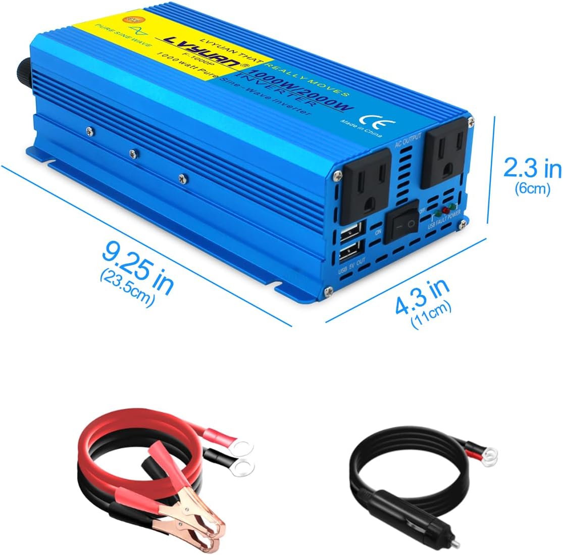LVYUAN 1000 Watt Pure Sine Wave Inverter 12V to 110V 120V DC to AC with U.S. Outlet, USB Charger Ports, Car Power Inverter for Vehicles, RV, Outdoor, Home