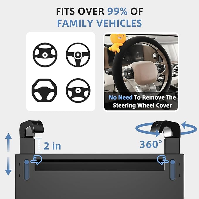 Steering Wheel Tray, Car Food Tray, Car Desk for Laptop, Multipurpose Car Table for Eating & Work, Adjustable Car Tray with Drawer and Anti-Slip Protective Adhesive