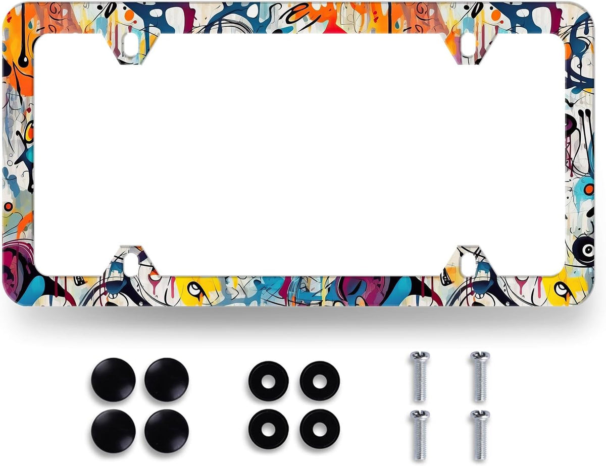 Abstract Graffiti Pattern License Plate Frame Colorful License Plate Stainless Steel Car Accessory Funny License Plate Auto Parts Decoration Men Women Size 12.2" x 6.2" with Screws