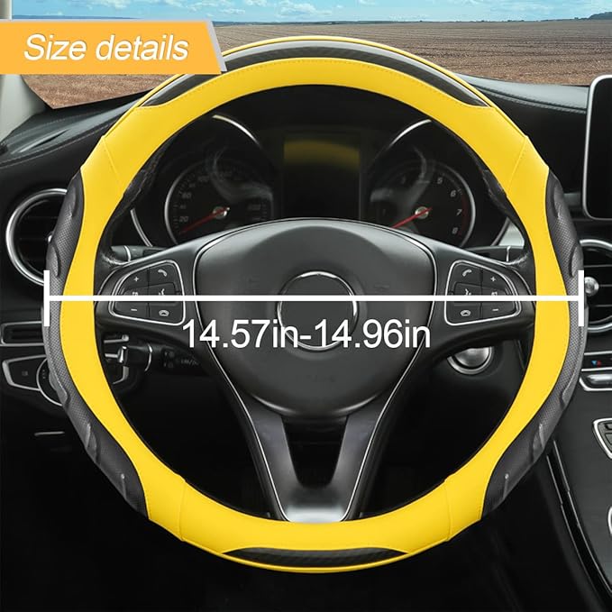 Leather Steering Wheel Cover, Auto Car Stretch Steering Wheel Protector, Universal 15 Inch Anti-Slip Breathable Odorless Steering Wheel Cover for Men Women (Black/Yellow)