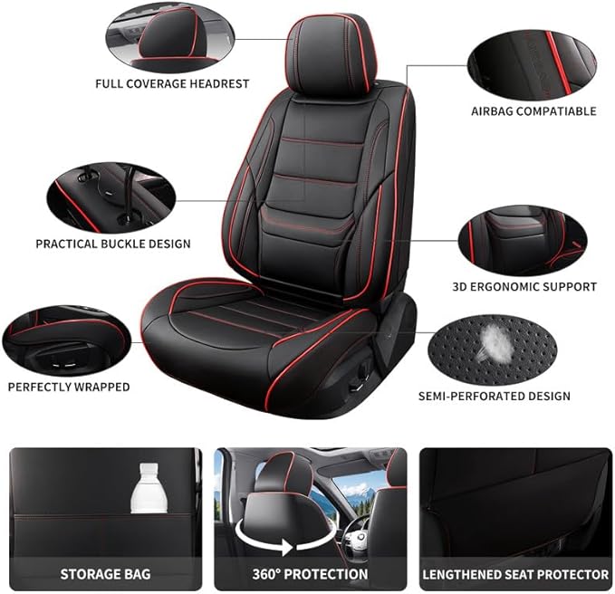 Car Seat Covers Full Set Custom Fit for Mercury Mountaineer 1997-2010-Luxury Leather with Lumbar Support, Breathable, Waterproof, Anti-Slip, Durable, Easy to Install (Black&Red,Full Set)