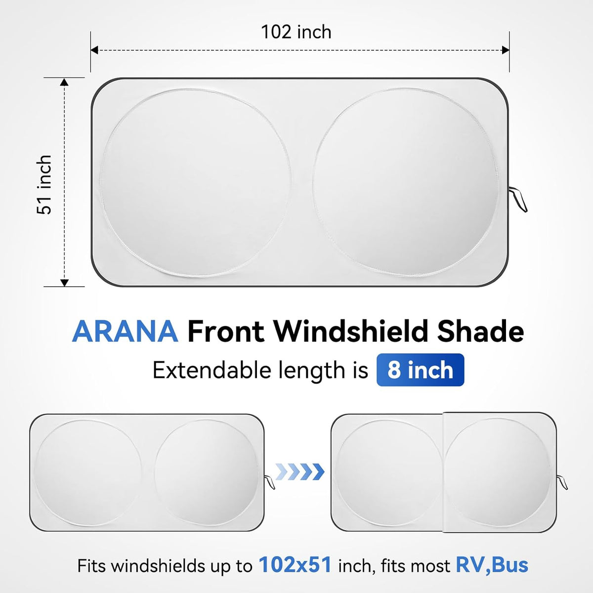 ARANA RV Windshield Sun Shade with UV Protection, Foldable Sunshade for RV Front Window, Retractable Windshield Cover Sun Shades Keep Car Interior Cool, Fit RV, Bus,Motorhome, Large 102"x51"