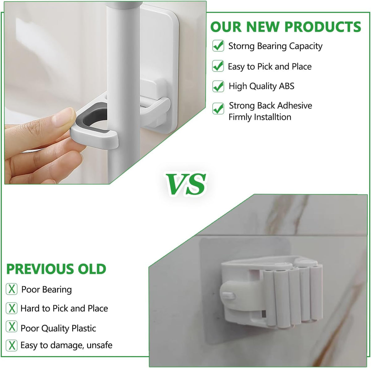 6 pack Broom Holder Wall Mount Mop Holder Broom and Mop Gripper Self Adhesive Peel and Stick Anti-Slip Mop Handle Hanger Household Cleaning Organizer, Holds up to 6 lb