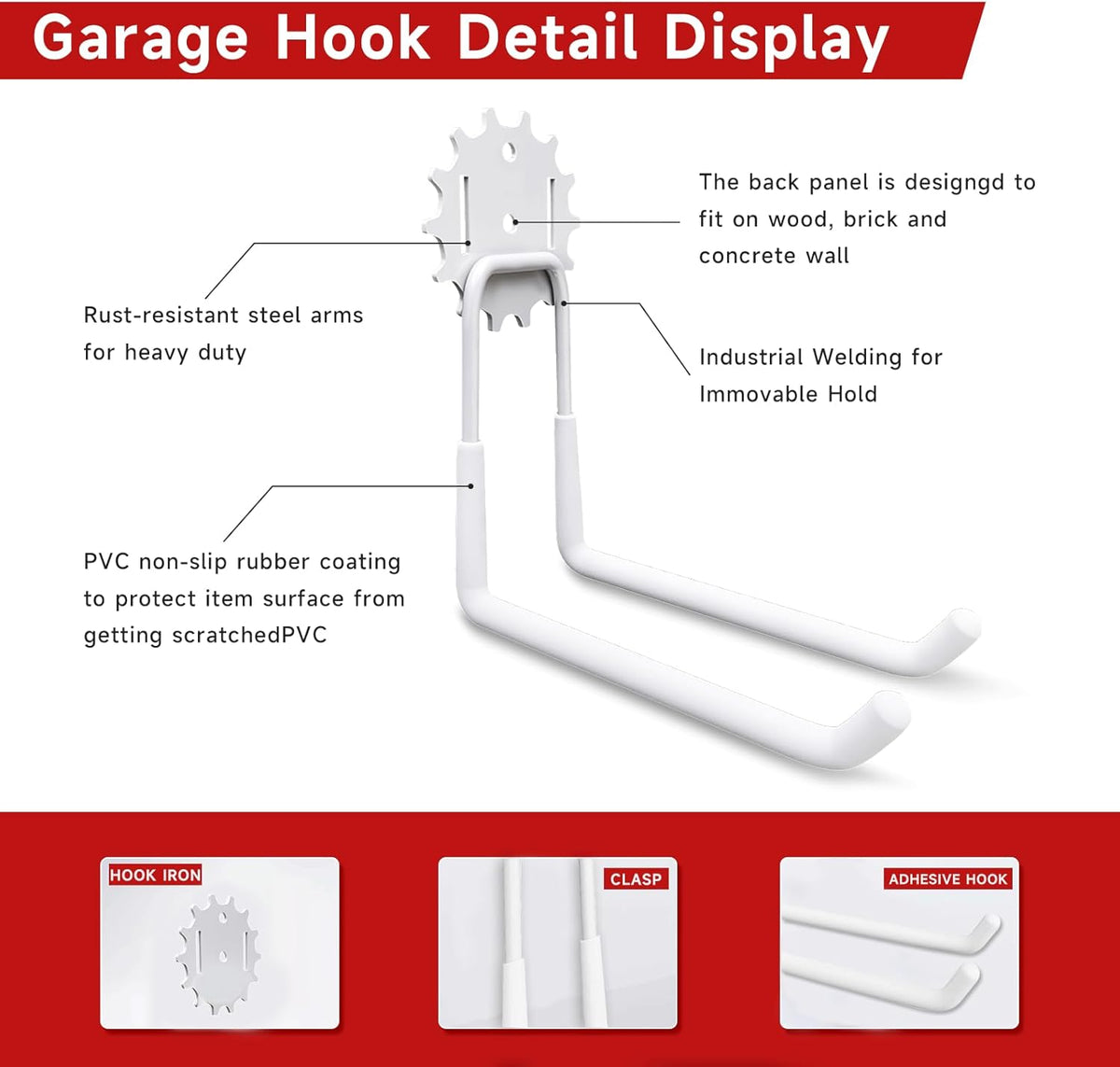 Garage Hooks White 4 Pack,68-110LB Heavy Duty Steel Storage Utility Hooks with PVC Anti-Slip Coating,Wall Mount Hooks for Hanging Garden and Power Tools,Bike,Ladder,Hose