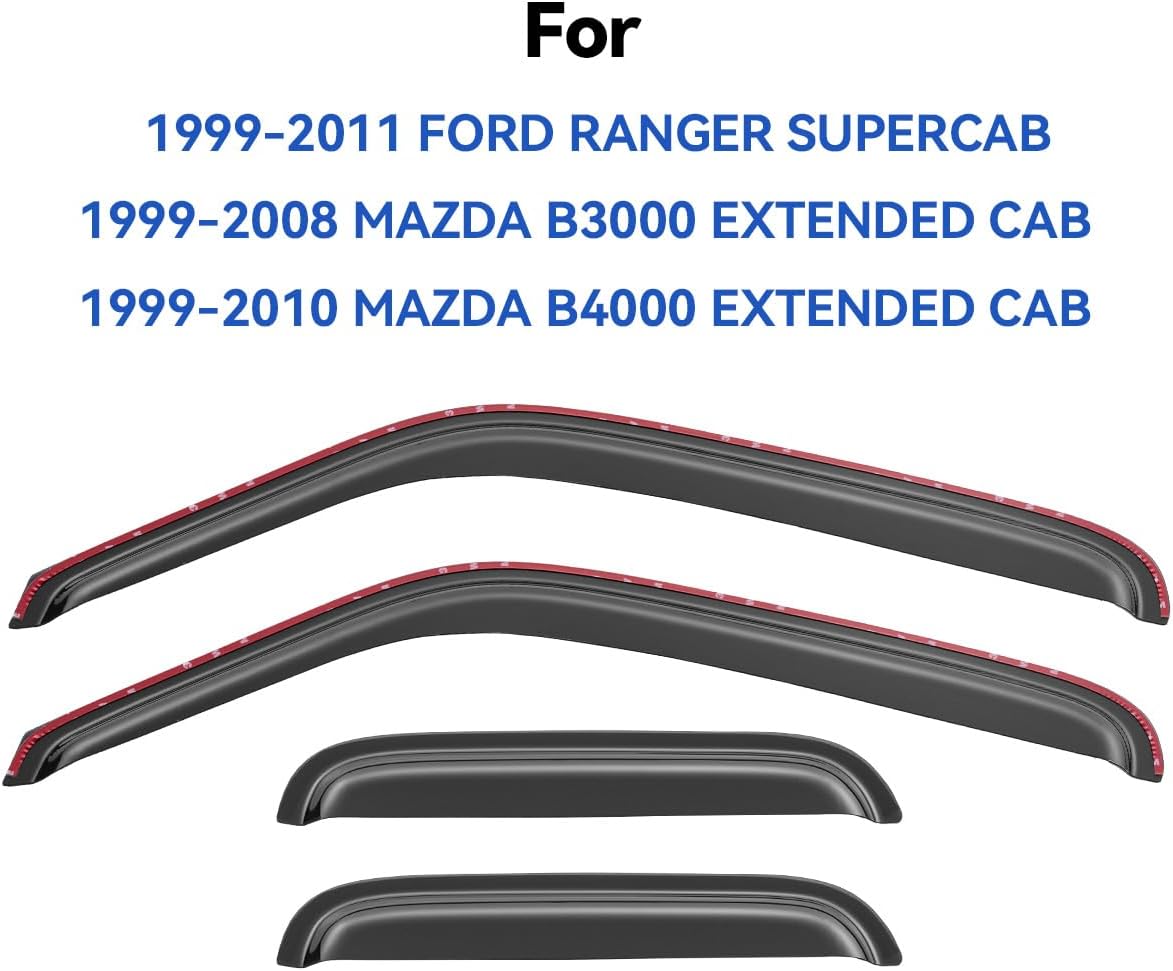 in-Channel Window Visors Rain Guards Shield for 1999-2011 Ford Ranger SuperCab, Window Vent Wind Deflectors Visors Shades for 1999-2008 Mazda B3000, 1999-2010 Mazda B4000 Extended Cab