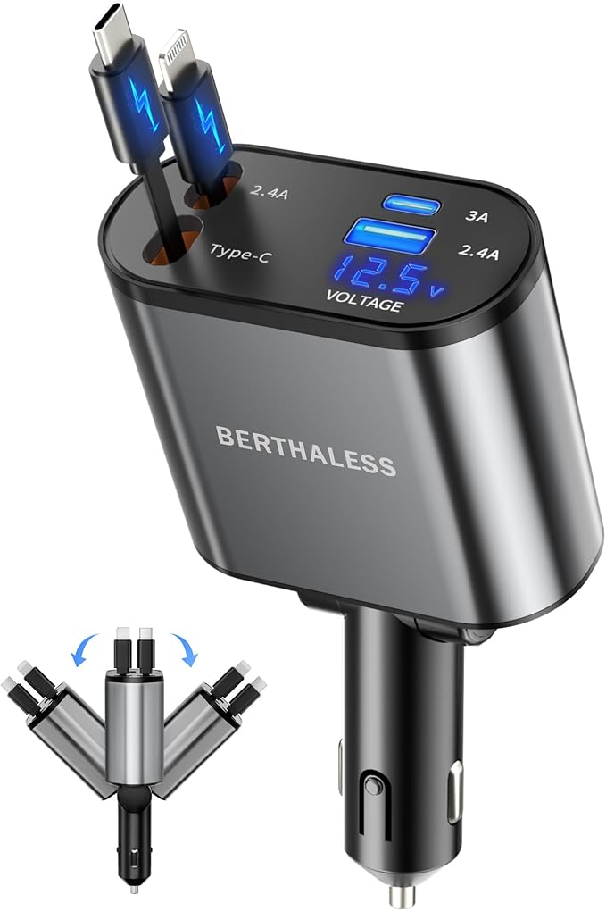 BERTHALESS Retractable Car Charger, 4 in 1 Fast Charging Car Charger with USB-C & USB-A, Compatible with iPhone 17/16/15/14/13/12/11,Galaxy,Pixel, Car Accessories for Men Women Drivers