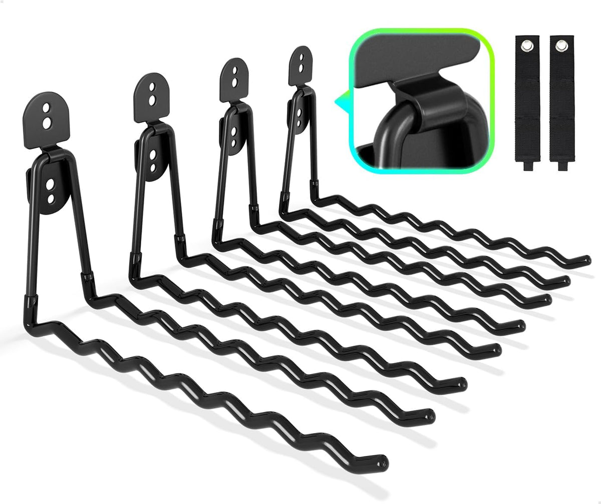 Garage Hooks 4-Pack, 11.8" Long Large Shed Storage Hanger Garden Tool Hook Heavy Duty Wall Mount Double Holder with 2 Extension Cord Storage Straps, Organize Yard Utility Hanging Ladder Black