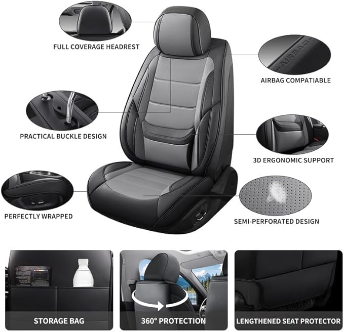 Car Seat Covers Full Set Fit for Buick Lacrosse 2004-2019, Premium Faux Leather Waterproof Car Seat Protectors with Lumbar Support, Breathable Anti-Slip Easy to Install(Black&Gray,Full Set)