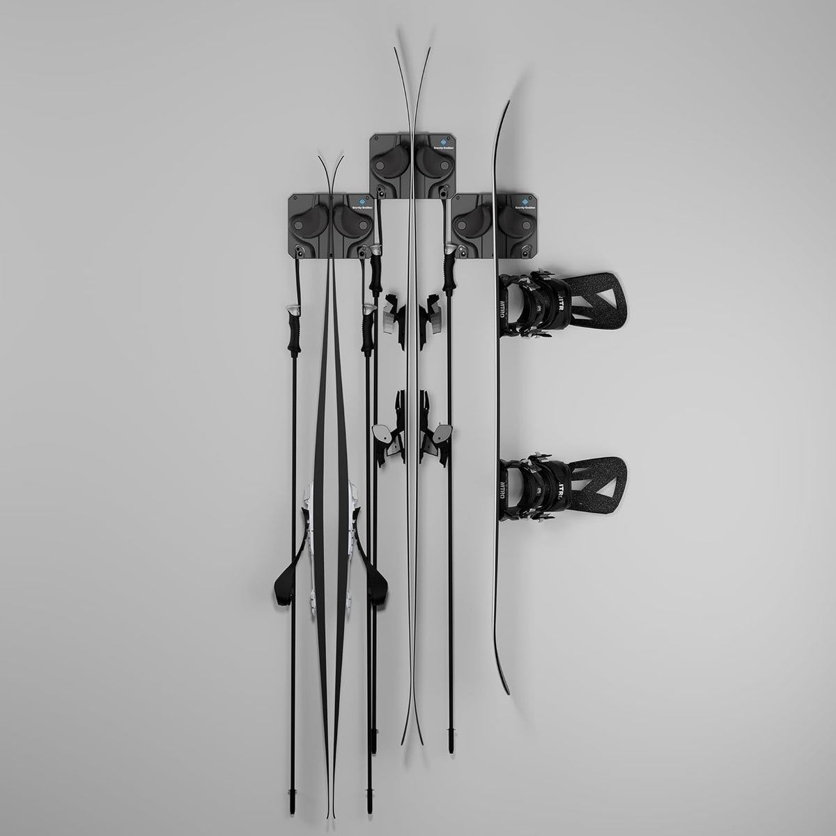 Ultimate Ski & Snowboard Wall Storage Rack - Fits any Ski or Snowboard - Save Your Rocker, Tips and Tails - Damage-free - 3x - Black