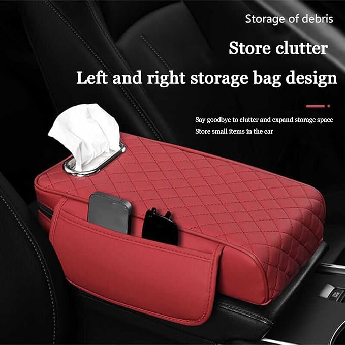 Car Center Console Cover for Toyota Highlander 3.Generation 2013-2020, Leather Car Arm Rest Cover, Car Armrest Cushion with 2 Storage Bags Car Center Console Armrest Pad, F Red