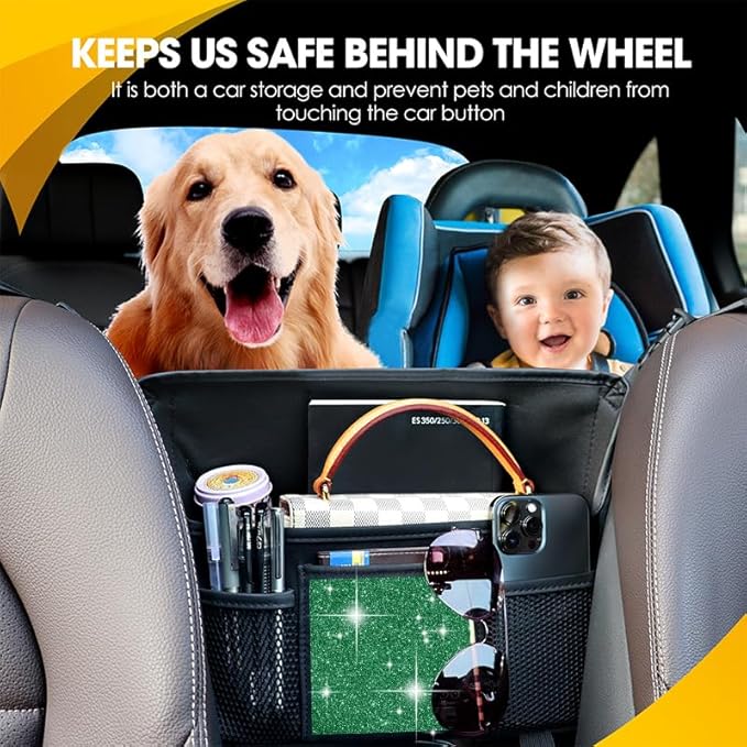 Green Diamond Car Handbag Holder Between Seats Bling Rhinestone Car Storage Bag Large Capacity Purse Phone Automotive Consoles Organizer Safe Barrier of Backseat Pet Kids