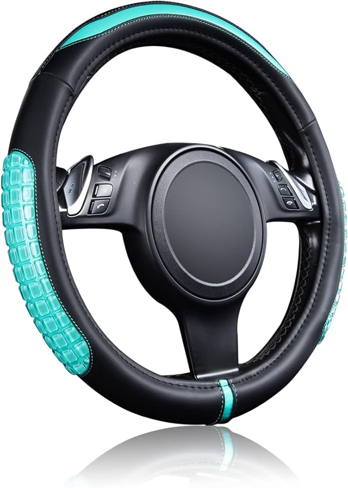 Flying Banner car Steering Wheel Cover Gel Massage Velvet Cool Warm Universal Size 15 inches SUV Truck Anti Slip Odorless Summer Winter (Black Mint Blue, Gel Massage)