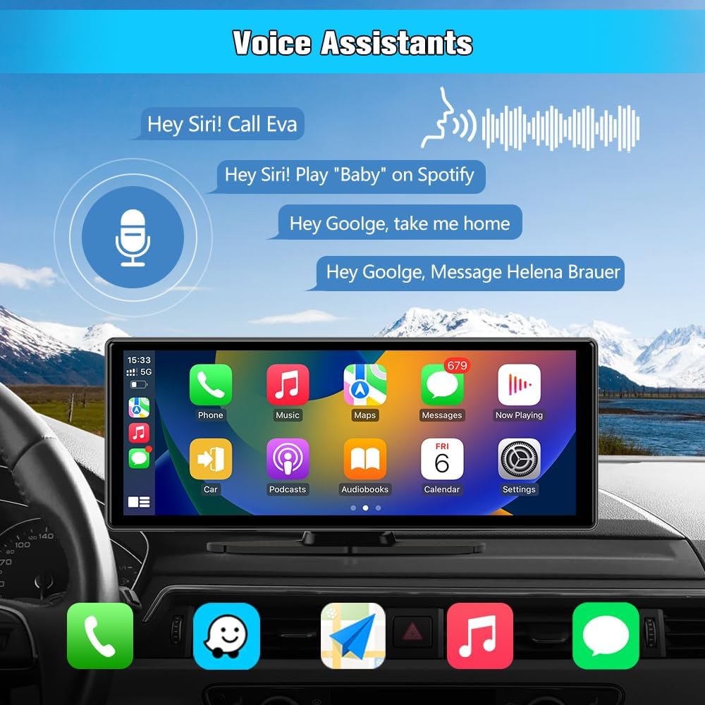 10.26" Portable Carplay Screen for Car, Wireless Carplay & Android Auto Car Stereo, Touchscreen GPS Navigation 4K Dash Cam/1080P Backup Camera/Mirror Link/Bluetooth/Voice Control