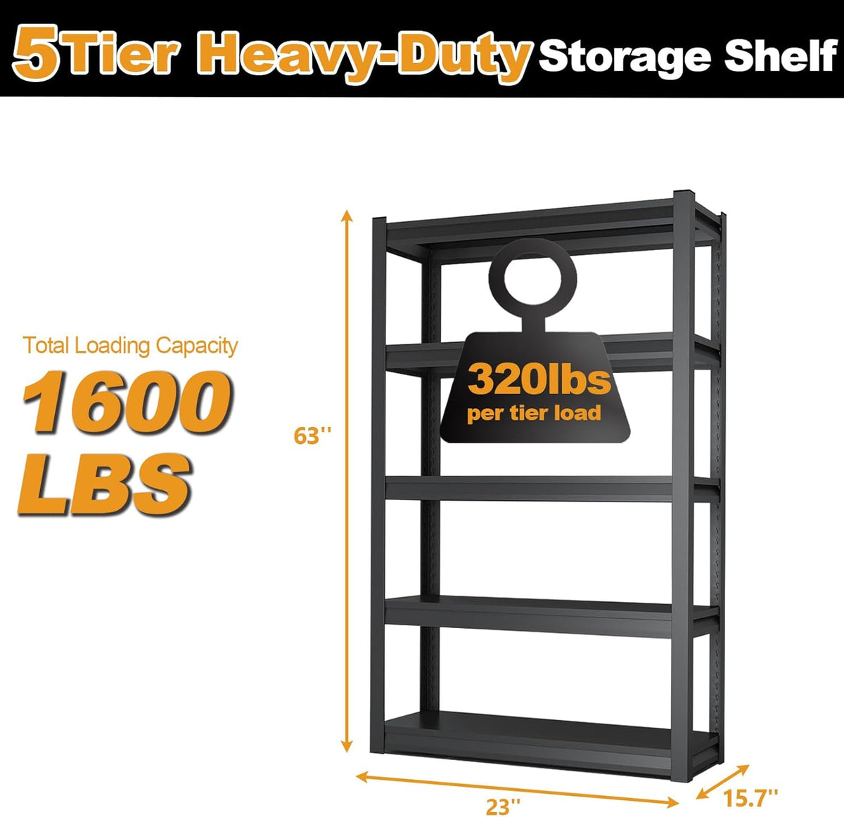 63H Metal Kitchen Storage Shelves, 1600 LBS Heavy Duty Garage Shelving Unit, 5-Tier Adjustable Pantry Shelves, Food and Beverage Storage Rack, Appliance Storage Utility Shelf for Balcony - Black