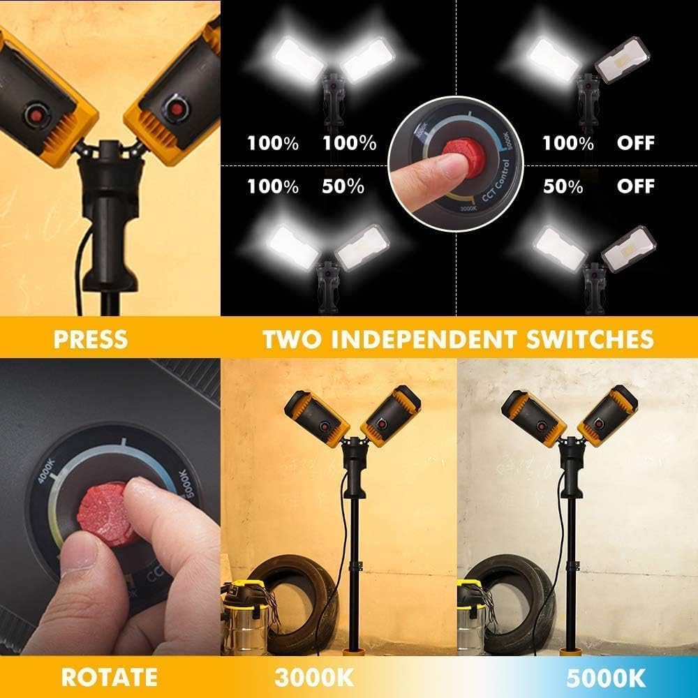 LUTEC 【Upgraded】 6290Max 15000 Lumen 138W Dimmable LED Work Light with Telescoping Tripod, Adjustable Color Temperature Dual-Head Work Light with Stand and 8 Ft 3-Prong Power Cord